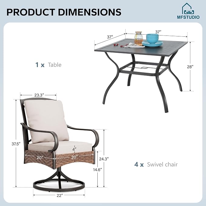MFSTUDIO 5 Piece Patio Dining Set, Outdoor Table and Chairs for 4, Square Metal Dining Table Set with Swivel Chairs, 5 Pieces Outdoor Dining Furniture Set for 4, 1.57’’ Umbrella Hole