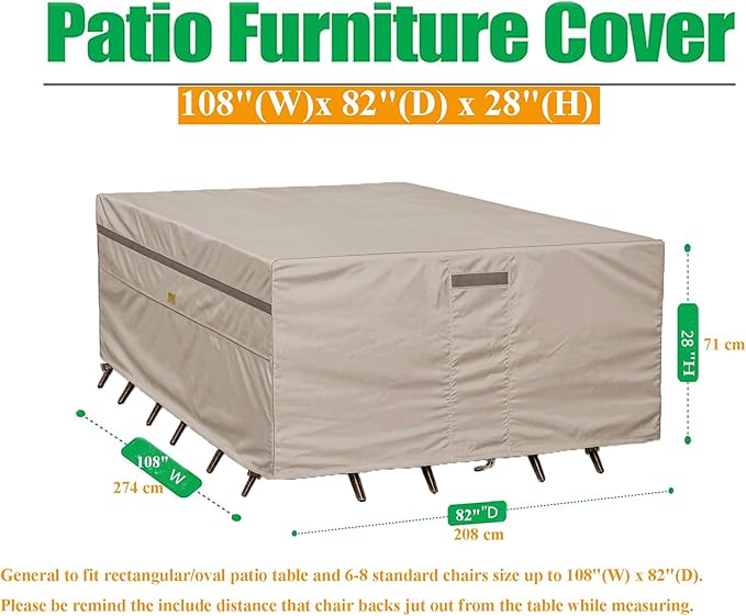 600D Heavy Duty Waterproof Patio Furniture Covers UV Resistant Rectangualr Outdoor Table and Chair Covers 108" Wx 82" D x 28" H Beige