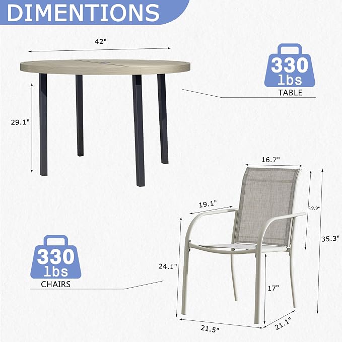 5 Piece Patio Dining Set for 4, 42” Honey Oak Round Table with Umbrella Hole and 4 Grey Patio Stackable Chairs, Patio Table and Chairs for Backyard, Lawn, Deck & Garden