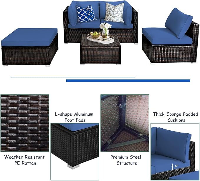 DORTALA 5 Pieces Patio Rattan Furniture Sets, Sectional Sofa Conversation Set w/Steel Frame & Sponge Cushions, Modern Wicker Combination Sofa Set w/Ottoman & Table for Garden Lawn Balcony, Navy