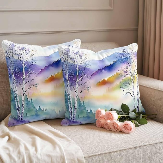 Forest Landscape Outdoor Pillow Covers Set of 2 Watercolor Yellow Purple Green Mountain Peaks Tree Waterproof Throw Pillow Cover Decorative Cushion Cases for Patio Porch Garden 18X18 Inch