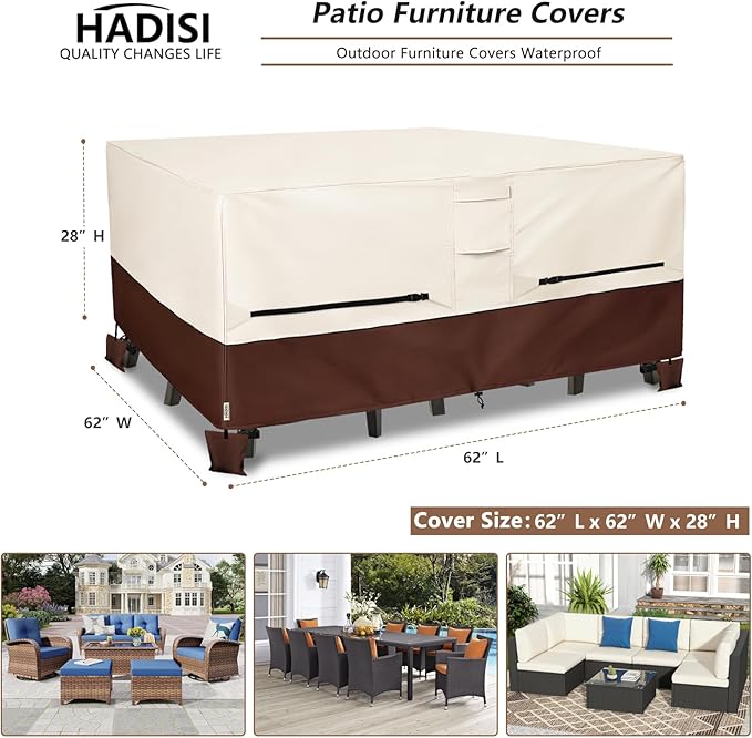 Patio Furniture Covers,Outdoor Furniture Cover Waterproof,600D Rectangular Patio Heavy Duty Table Cover,Outdoor Dining Table and Chair General Purpose Furniture Covers 62"L x 62"W x 28"H-Beige