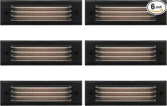 Low Voltage Lengthened LED Step Lights, 4W 12V Surface Mount Light with Horizontal Louvered Faceplate, for Steps Decks Pathway Stairs Fences, 2700K, IP65, Die-cast Aluminum, Black (6-Pack)