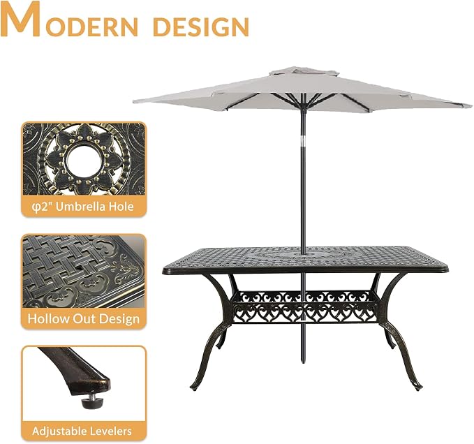 7-Piece Outdoor Patio Dining Set, 60” Rectangular Cast Aluminum Dining Table with Umbrella Hole and 6 Cushioned Swivel Rocker Chairs, Patio Funiture Set for Backyard, Patio, Garden