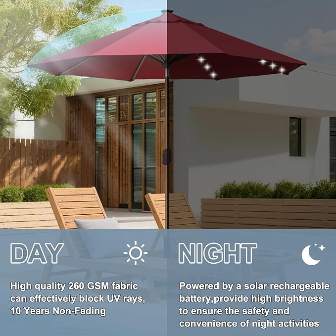 EliteShade USA 10-Year-Non-Fading 10ft Market Patio Umbrella, Commercial Grade Table Sun Umbrella with 80 Solar LED Lights, Crank Open, Windproof & UPF 50+ UV Protection for Garden, Deck, Pool, Backyard, Burgundy