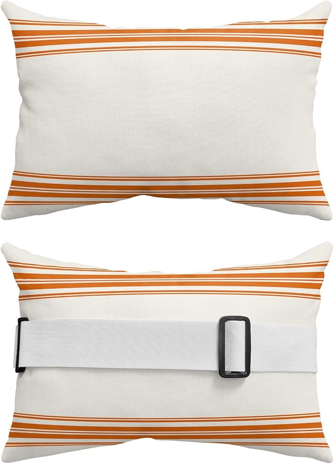 Outdoor Pillows Covers with Inserts Farmhouse Orange Stripe Waterproof Recliner Pillow with Adjustable Strap Throw Pillows for Patio Furniture Pool Lounge Chair, 12x20 inch, 2PCS