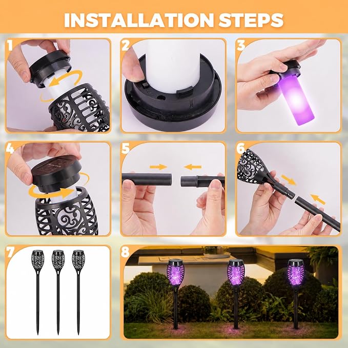 8 Pack Solar Lights Outdoor, Purple Flickering Flame Torches | Purple Flickering Flame, Long Nighttime Glow, Auto-On at Dusk, IP65 Weather-Resistant, Tool-Free Ground Setup