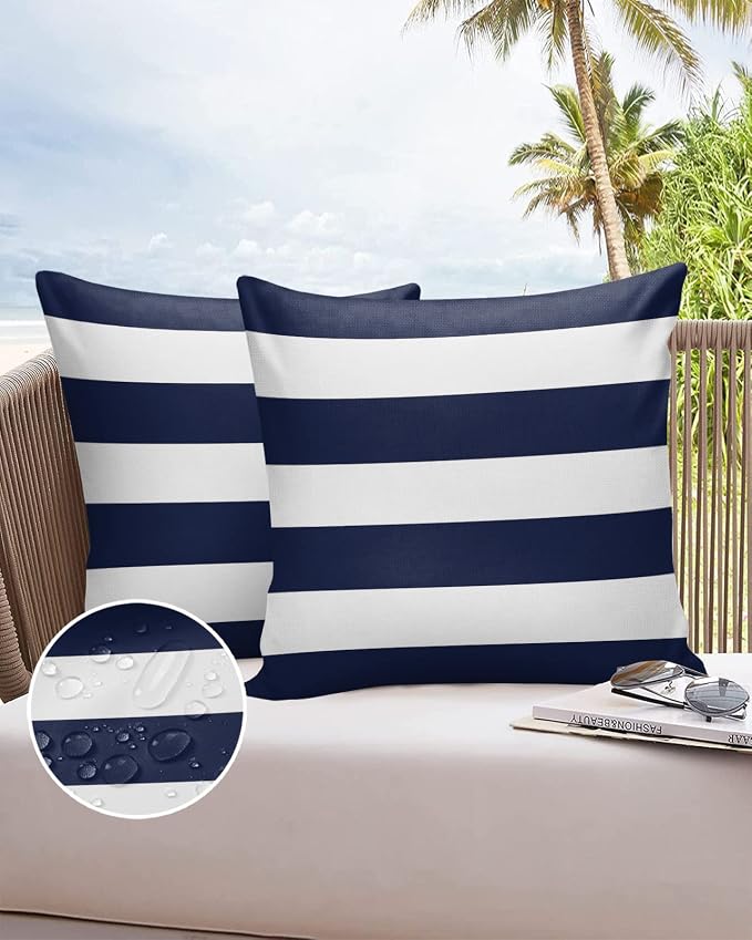 Outdoor Waterproof Throw Pillow Covers Set of 2 Navy Blue Stripe Pillowcases 18x18 Inches Simple Style White Striped Decorative Pillows Cushion Case Patio Pillows for Couch Bed Chair Garden