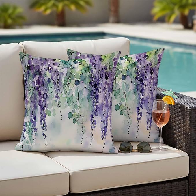 Purple Green Lavender Outdoor Pillow Covers Set of 2 Modern Abstract Romantic Watercolor Flower Leaf Waterproof Throw Pillow Cover Decorative Cushion Cases for Patio Porch Garden 20X20 Inch