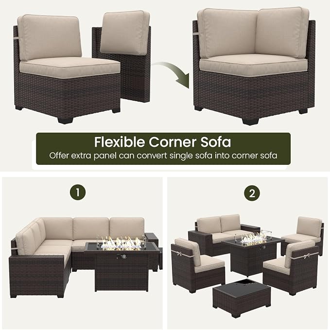 LayinSun 13 Pieces Outdoor Patio Furniture Set with 44" Fire Pit Table Brown Rattan Sectional Sofa Conversation Sets