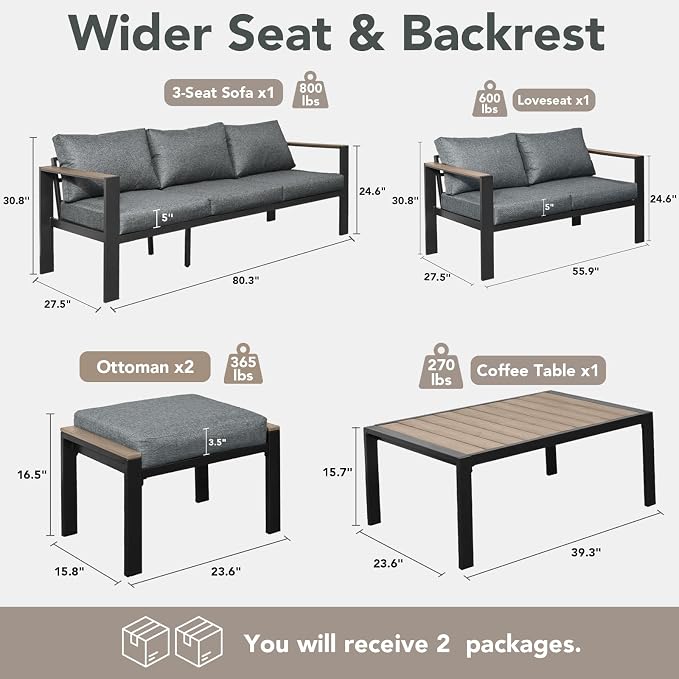 Outdoor Patio Furniture Set 5 Pieces Luxury Aluminum Patio Conversation Set with Coffee Table and 2 Ottoman 7 Seats, Thick Cushions, Large Sectional Sofa for Porch, Balcony, Deck, Yard, Gray