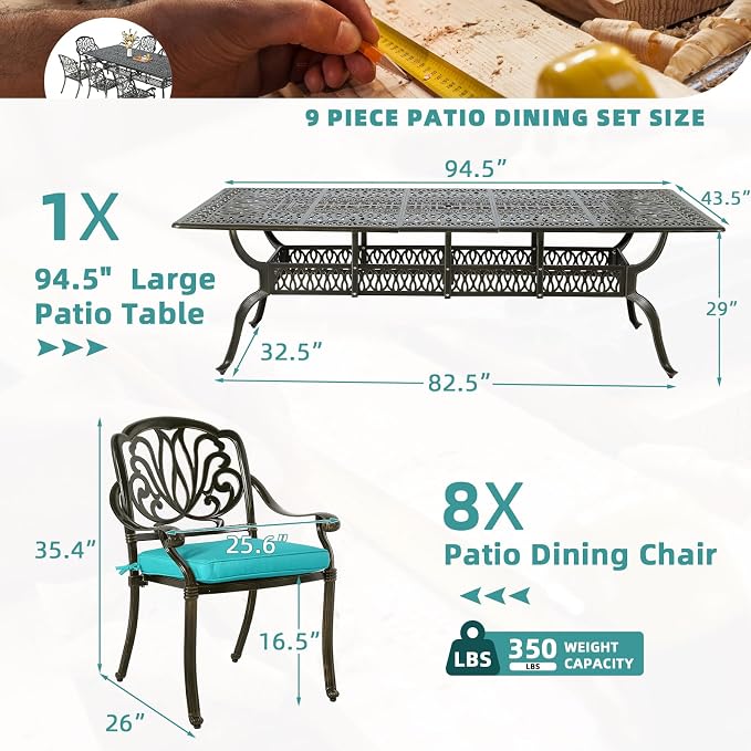 MEETWARM 9-Piece Outdoor Patio Dining Set for 8, All Weather Cast Aluminum Patio Funiture Table and Chairs Set- 94.5” Rectangular Table and 8 Cushioned Chairs for Garden, 2" Umbrella Hole, Ocean Blue