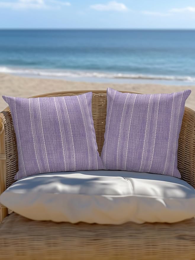 Waterproof Outdoor Pillow 1 Pack Lavender Linen Stripes Decorative Throw Pillows Cover & Insert 18x18 Inch Pillowcase Parallel Vertical Lines Pillows for Couch Sofa Bed Patio Furniture Indoor Outdoor