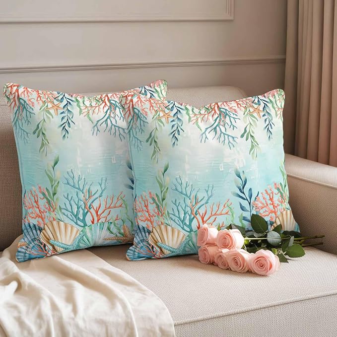 Throw Pillow Covers 24x24 Inch Set of 2, Ocean Starfish Seaweed Waterproof Outdoor Pillow Covers, Summer Coastal Beach Shell Coral Teal Decorative Cushion Pillowcases for Couch, Sofa, Bed, Patio