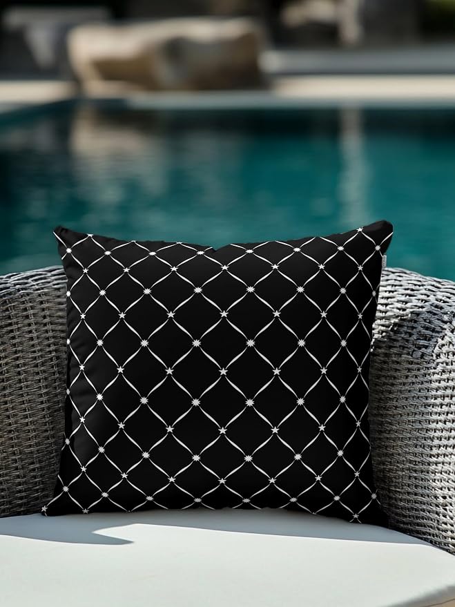 Waterproof Outdoor Pillow 1 Pack Black Grid Plaid Decorative Throw Pillows Cover & Insert 16x16 Inch Pillowcase Diagonally Crossed Lines Pillows for Couch Sofa Bed Patio Furniture Indoor Outdoor
