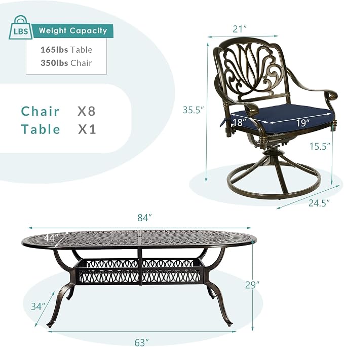 MEETWARM 9-Piece Patio Dining Set Outdoor Furniture with 8 Cushioned Swivel Rocker Chairs and Large Table, All-Weather Cast Aluminum Patio Conversation Set for Backyard, 2" Umbrella Hole, Navy Blue
