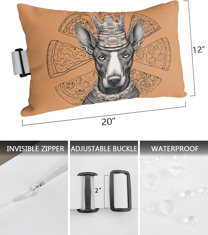 Outdoor Pillows Covers with Inserts Pet Dog with A Crown Thinking About Pizza Waterproof Recliner Pillow with Adjustable Strap Throw Pillows for Patio Furniture Pool Lounge Chair, 12x20 inch, 2PCS