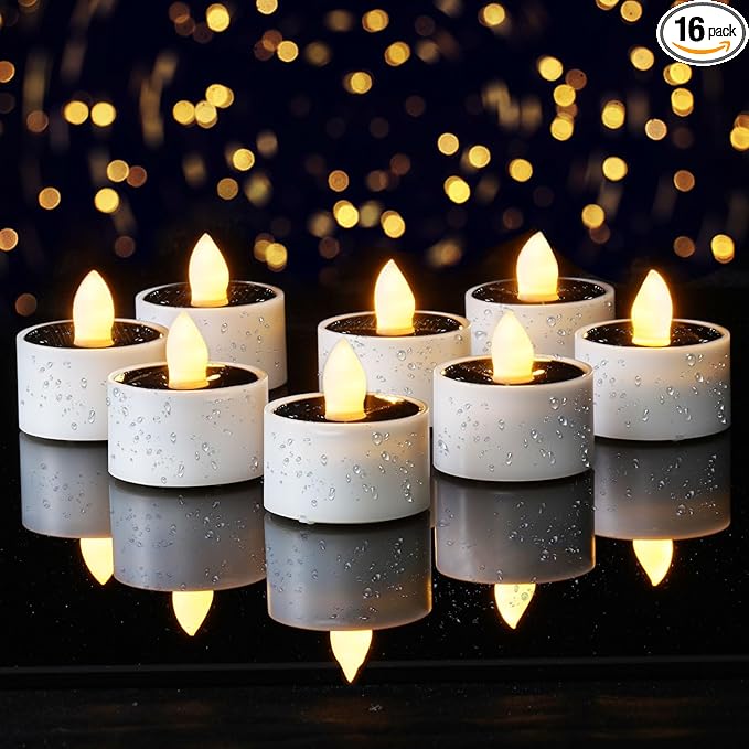 Homemory 16Pcs Solar Tea Lights Outdoor Waterproof, Rechargeable Dusk to Dawn Lighting, Flameless Flickering LED Votive Candles for Fairy Garden Decor, Patio Tables, Christmas Lanterns, Windows