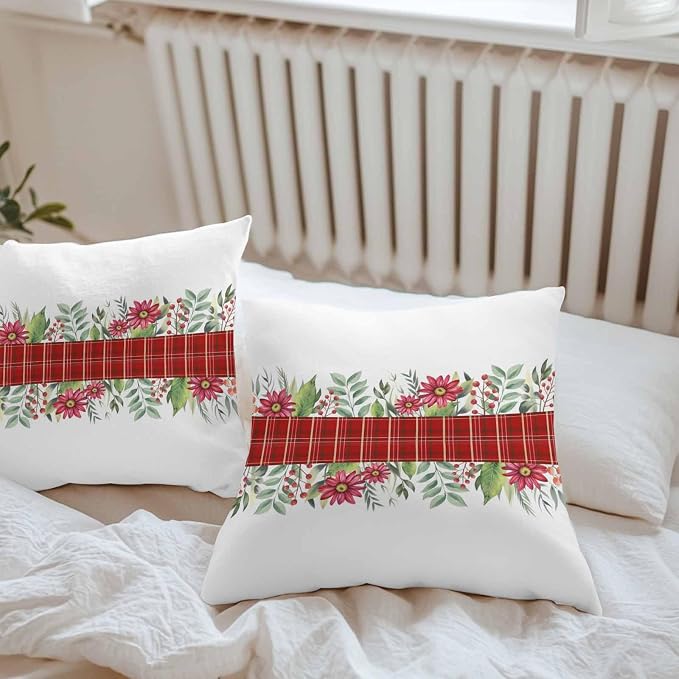 Christmas Outdoor Pillow Covers Waterproof, All Weather Cushion Case Set of 2, Red Plaid Poinsettia Berry Xmas Botanical Decorative Pillowcases for Sofa Couch Bed Decor Patio Furniture 24"x24"