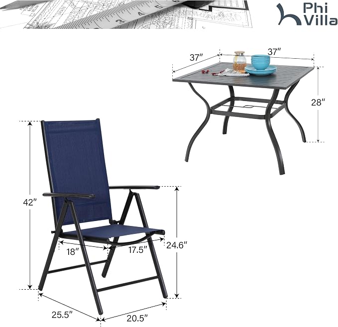 PHI VILLA Outdoor Dining Set for 4 with Patio Table and Chairs, Patio Dining Furniture Set with Adjustable Foldable Patio Chairs & Metal Steel Table for Garden,Yard and Deck, Blue