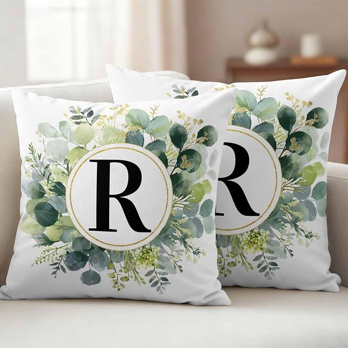 Letter R Waterproof Outdoor Pillow Covers Set of 2 Home Decor, Alphabet Green Eucalyptus Leaves Pillowcase Patio Pillow Covers for Couch Bench Patio Furniture Garden 26x26in