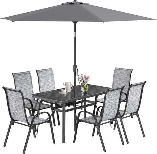 Outsunny 8 Pieces Patio Table and Chairs Set with 9 Ft Patio Umbrella, Outdoor Dining Set with 4.6 Ft Dining Table and 6 Chairs, Push Button Tilt and Crank Parasol, Tempered Glass Top, Mixed Gray