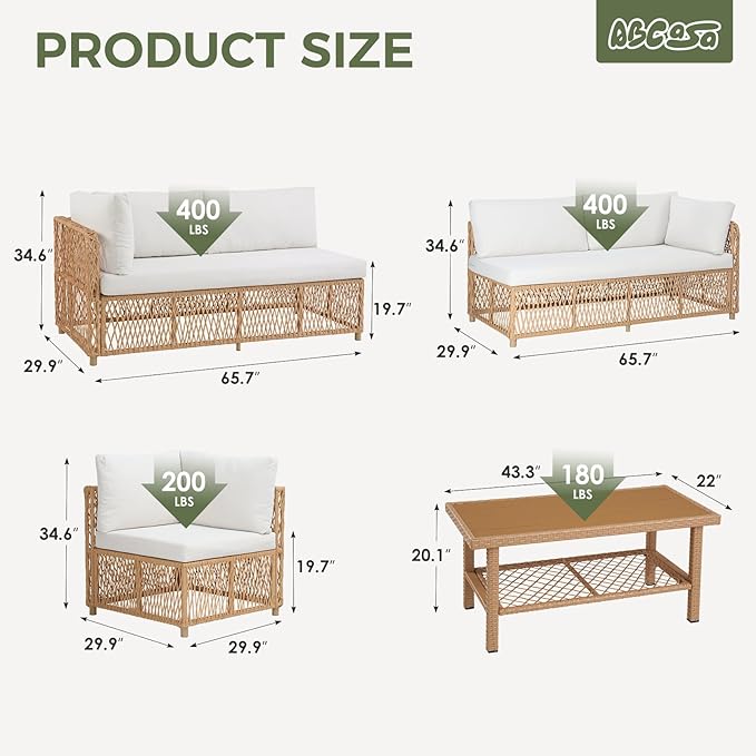 ABCASA Outdoor Patio Sectional Furniture Set with Waterproof Cover, Oversized Wicker Outdoor Furniture Set w/Water-Resistant Fabric & Thick Cushion, L Shaped Patio Conversation Set for Pool Yard,Beige