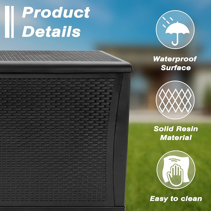 120 Gallon Resin Wicker Patio Storage Box, Outdoor Storage Container Deck Box and Gar,(Black)