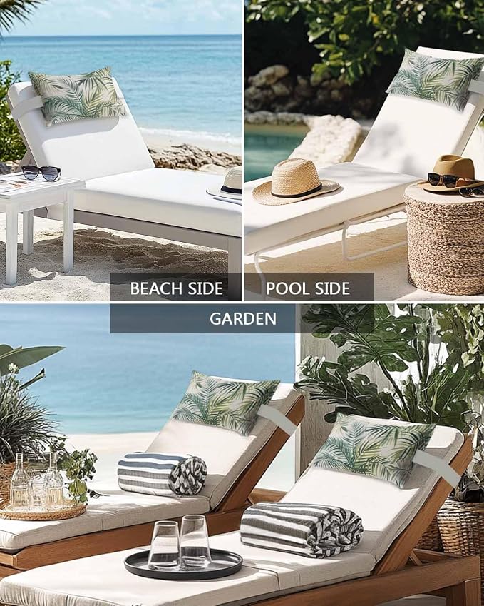 Outdoor Lumbar Pillows with Strap & Insert Green Palm Leaves Recliner Head Pillow Pack of 2 Tropical Leaf Plant Waterproof Headrest Patio Lounge Chair Pillows for Beach Pool Office Chaise Chair 12x20