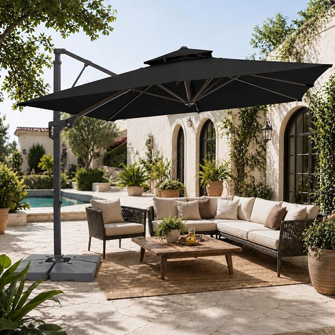 JEAREY 9ft 2-Tier Cantilever Patio Umbrella, Large Square Outdoor Offset Umbrella with Double Top Vent and 360-degree Rotation for Garden, Deck, Pool, Patio, Black