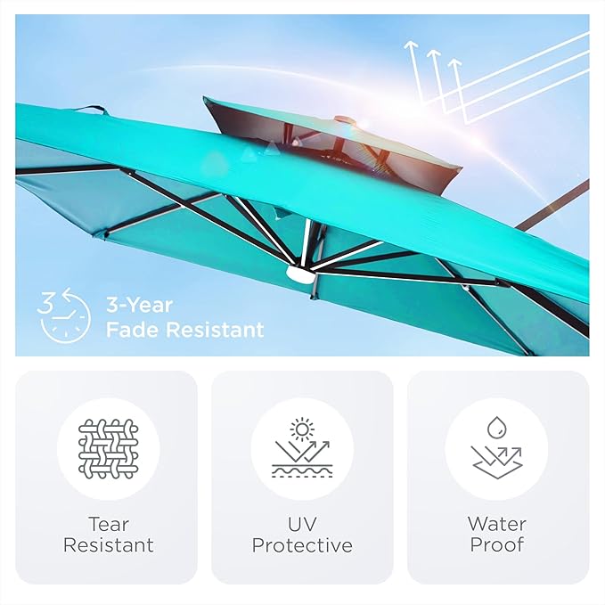 Deconk 9' X 12' Patio Umbrella with LED Lights Outdoor Cantilever Large Rectangle Offset Umbrellas Heavy Duty Aluminum Double Top with 360-degree Rotation for Pool Garden Deck, Turquoise