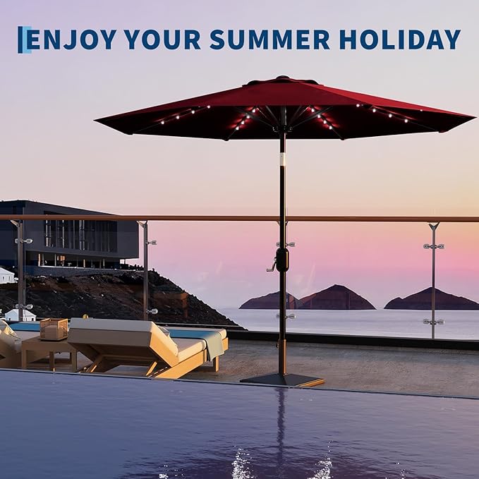 Garvee 9/10 FT Solar Patio Umbrella with 32 LED Lights - Outdoor Table Umbrella with Crank Lift, Push Button Tilt and 8 Sturdy Ribs - Market Umbrella UV Protection for Pool, Deck, Yard, Garden