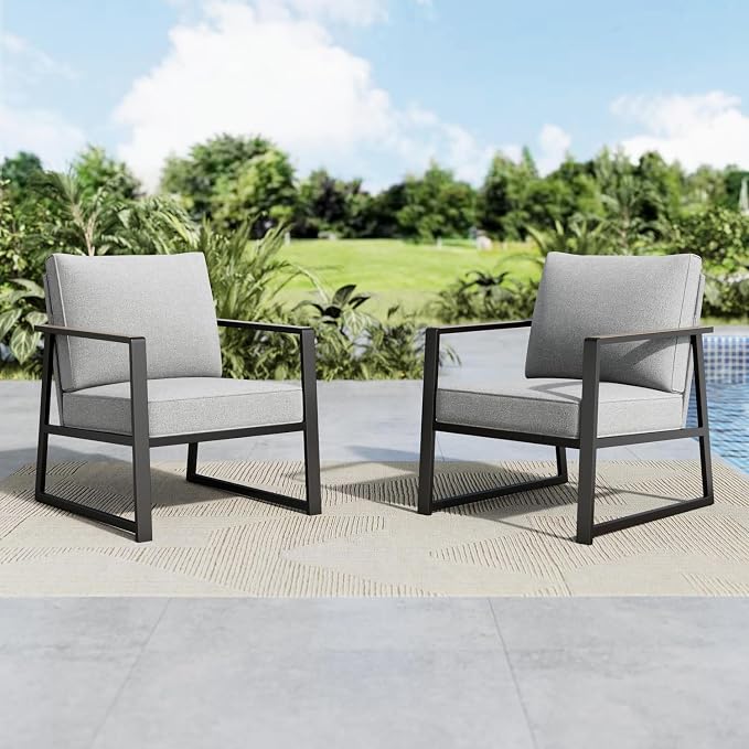 MFSTUDIO 2 Seats Patio Furniture Sets, Olefin-Filled Textilene Fabric Backrest and Extra Large Deep Seating, 2 Pieces Metal Frame Outdoor Sectional Sofa Chair for Garden, Backyard(Grey)