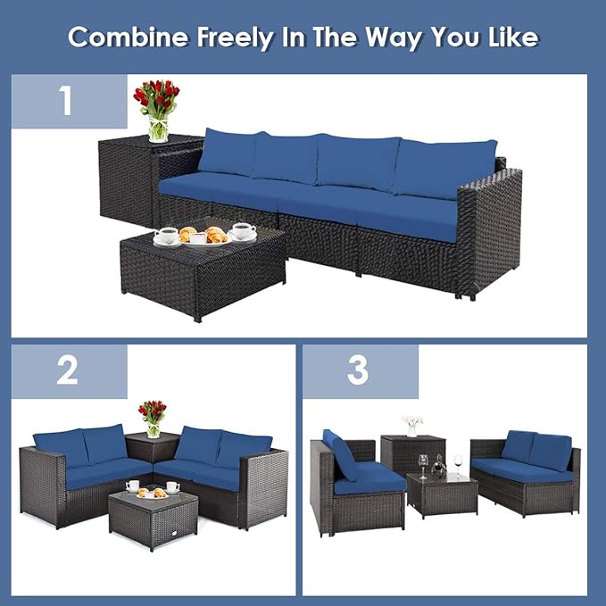 DORTALA 4-Piece Outdoor Patio Furniture Set, Weather Resistant PE Rattan Conversation Set with 2 Loveseats, Outdoor Sectional Sofa Set with Comfy Cushions for Garden and Poolside, Navy