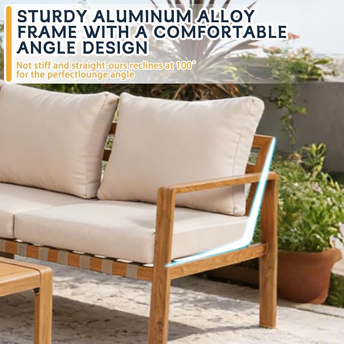 4-Piece L-Shaped Outdoor Patio Furniture Set, All-Aluminum Corner Sectional Sofa with Wood Grain Finish, Cushioned Seating & Plastic Wood Coffee Table, for Backyard & Balcony