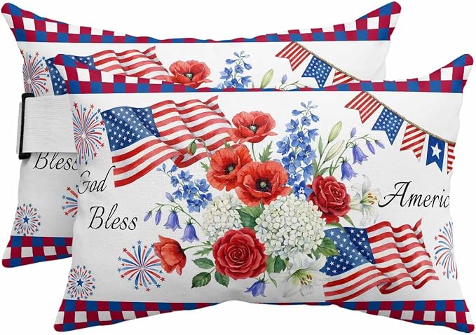 250th Anniversary Floral Outdoor Pillows for Chaise Lounge Chair Headrest Pillow Set of 2 Waterproof Lumbar Pillows with Insert&Adjustable Elastic Strap Red Blue Stars 4th of July Neck Pillow 11"x16"