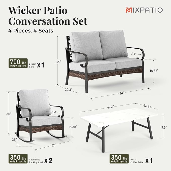 MIXPATIO Patio Furniture Set with Coffee Table, Outdoor Conversation Set with 2 x Rocking Chair, 1 x 2-Seat Sofa for Lawn Garden Backyard, Light Grey