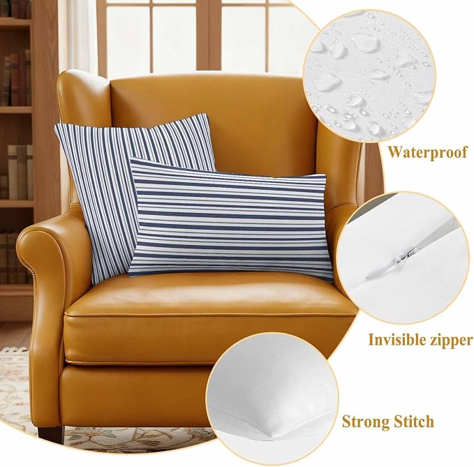 Navy Blue Vertical Stripes Waterproof Outdoor Pillow Covers Set of 2 Home Decor, Pinstripes Apricot Lines Pillowcase Patio Pillow Covers for Couch Bench Patio Furniture Garden 24x24in