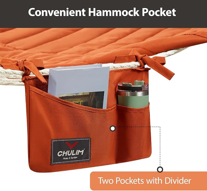 CHULIM Outdoor Double Hammock with Hardwood Spreader Bars, Large Rope Hammock with Polyester Pad and Pillow, 475 LBS Capacity for 2 Person Patio Backyard Poolside - Terracotta