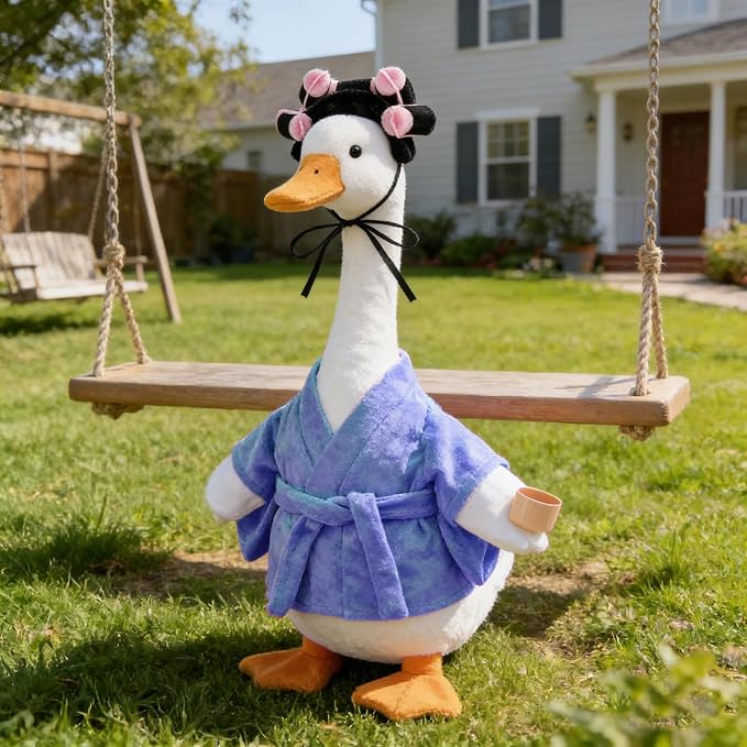 Old Lady Porch Goose Outfits Grandma Goose Clothes Glasses Curly Wig Floral Print Dress Cardign and Pearl Necklace,23'' Geese Statue Outdoor Patio Yard Lawn Decoration (Blue)