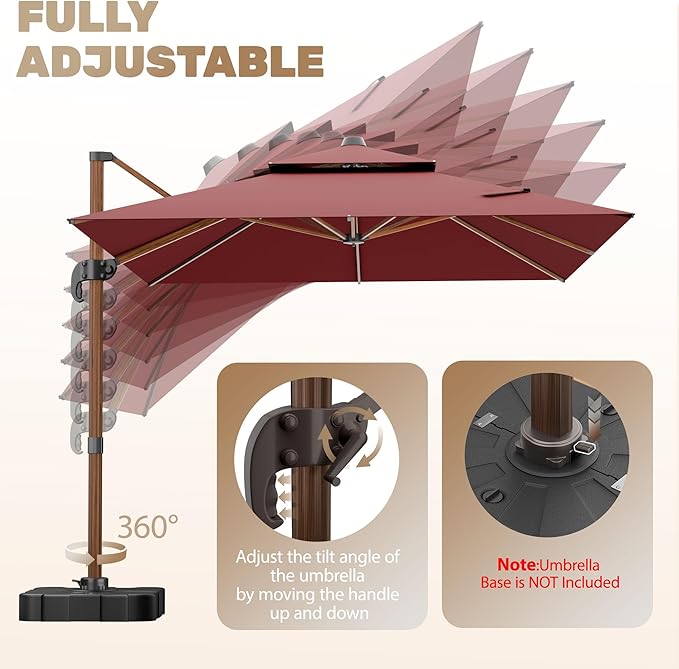 10x13FT Cantilever Outdoor Patio Umbrellas with Base, Double Top Wood Pattern Rectangle Umbrella, Heavy Duty 360°Rotation Offset Umbrella for Garden Deck Pool Patio, Red