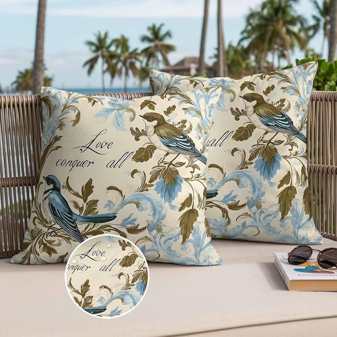 Vintage Bird Flower Outdoor Waterproof Throw Pillow Covers Set of 2, 26"x26", Watercolor Green Blue Floral Decorative Pillow Covers Outside Cushion Case for Patio Porch Garden