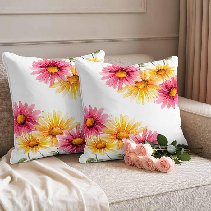 Yellow Pink Daisy Outdoor Pillow Covers 26"x26" Set of 2, Rustic Farmhouse Boho Wildflowers Waterproof Throw Pillow Covers for Patio Furniture, Decorative Cushion Covers for Porch