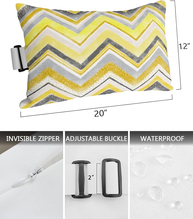 Outdoor Pillows Covers with Inserts Northern Europe Yellow Geometric Wave Stripes Waterproof Recliner Pillow with Adjustable Strap Throw Pillows for Patio Furniture Pool Lounge Chair, 12x20 inch, 1PCS