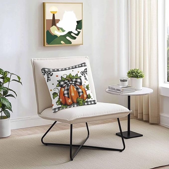 Orange Pumpkins Outdoor Waterproof Pillow Covers, Polka Dot Bow Fall Maple Leaves Plaid Decorative Square Throw Pillowcase Sofa Cushion Sham for Patio/Couch/Chair, 24"x24" 2 Pack