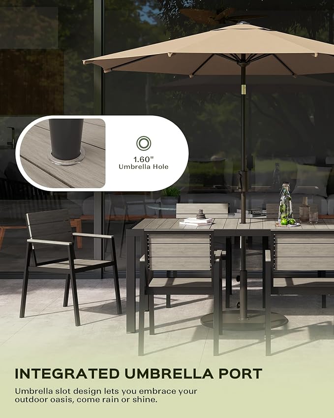 Vexwalx 67" HDPS Outdoor Patio Dining Table, Aluminum-Edged Outdoor Dining Table with Umbrella Hole, Weather-Resistant for Lawn, Garden, Poolside and Indoor Use, Gray
