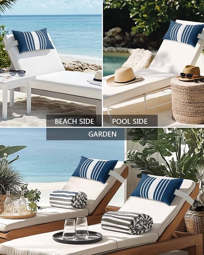 Outdoor Pillow for Lounge Chair with Strap & Insert Navy Blue Vertical Stripes Recliner Head Pillow Classic Striped Waterproof Headrest Patio Lumbar Pillows for Beach Pool Office Chaise Chair 11x16