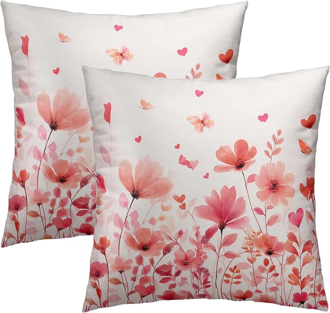 Floral Throw Pillow Covers 18x18 Set of 2, Pink Flowers Leaves with Butterfly Print Decorative Pillow Cases Cotton Cushion Cover for Home Sofa Couch Wedding Anniversary Decor