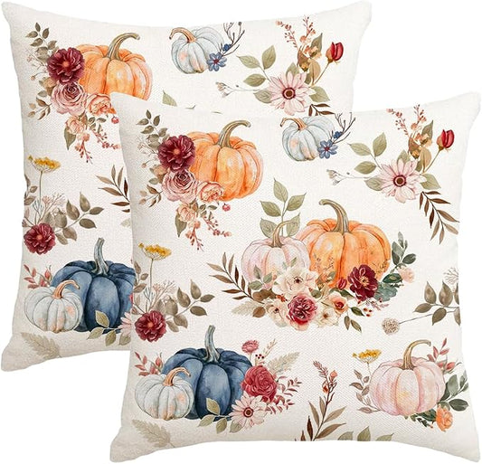 RABUSOFA Fall Pillow Covers 18x18 Inch Set of 2 Orange Pink Dark Blue Pumpkin Rust Floral Thanksgiving Autumn Harvest Outdoor Throw Cushion Cases Seasonal Fall Farmhouse Decorations for Home Couch