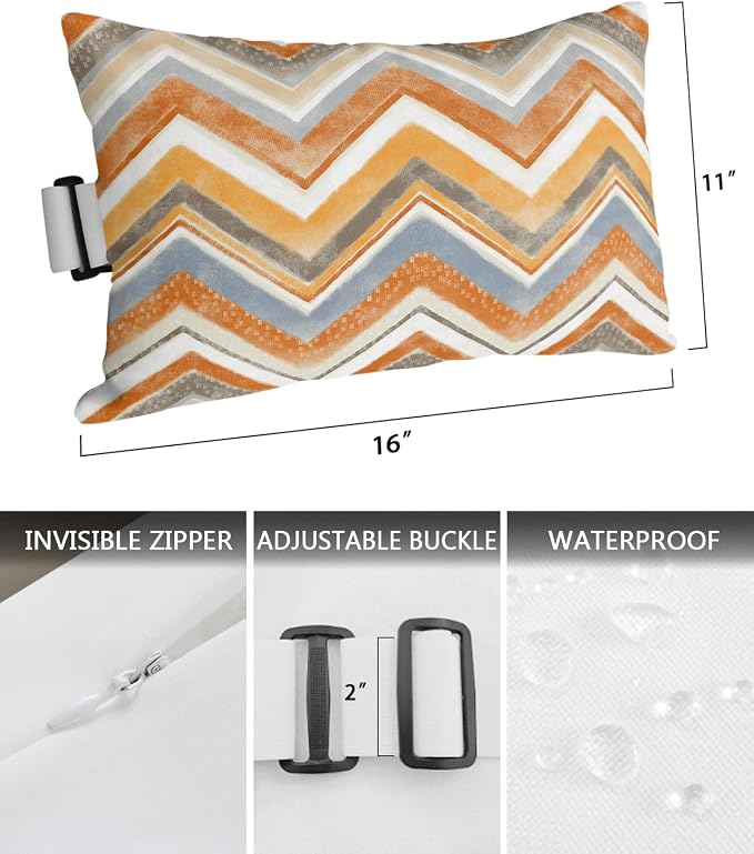 Outdoor Pillows Covers with Inserts Northern Europe Orange Geometric Wave Stripes Waterproof Recliner Pillow with Adjustable Strap Throw Pillows for Patio Furniture Pool Lounge Chair, 11x16 inch, 1PCS
